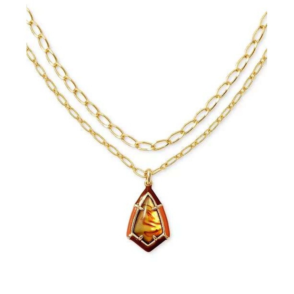 Kendra Scott Camry Gold Enamel Frame Multi Strand Necklace Marbled Amber NWT
